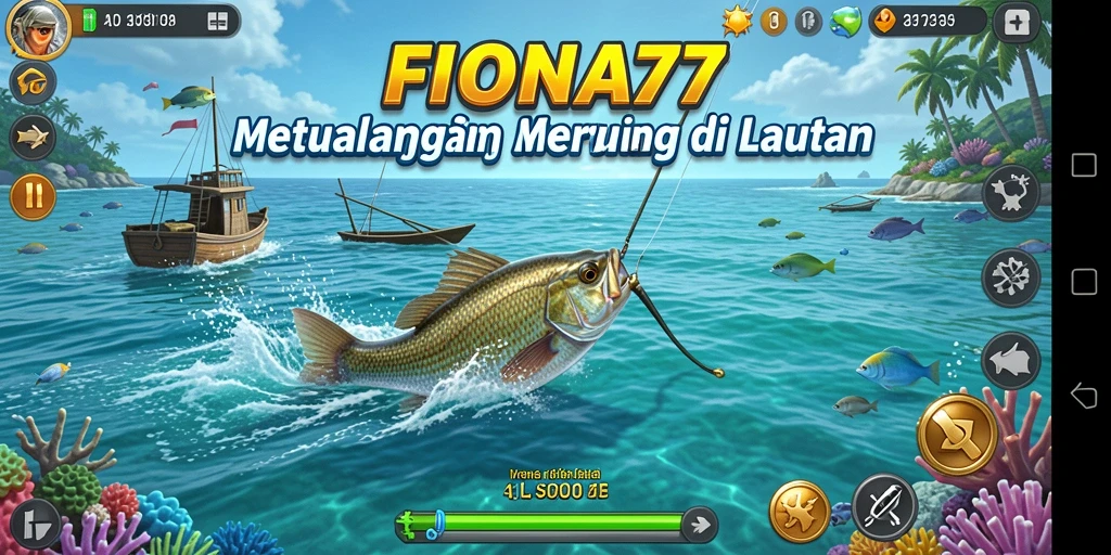 Screenshot FIONA77 menunjukkan pemain menangkap ikan besar di laut.