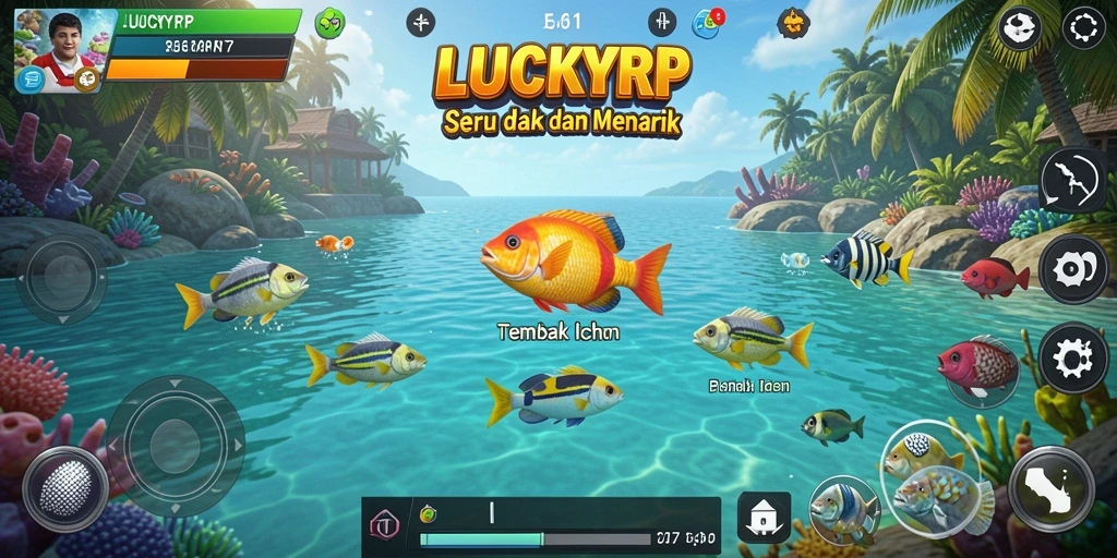 Tampilan screenshot utama LUCKYRP menampilkan aksi menembak ikan yang seru.
