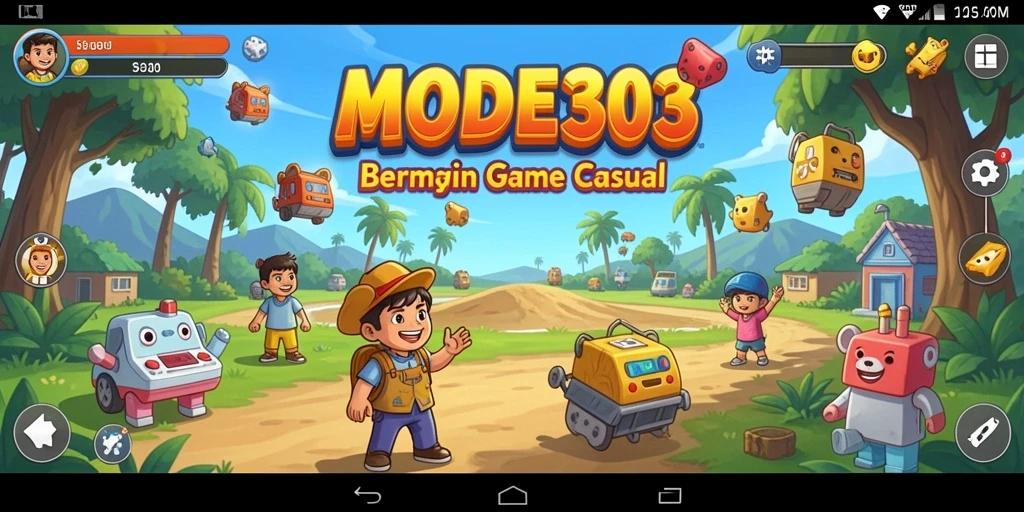 Screenshot utama MODE303 menampilkan gameplay seru yang penuh warna.