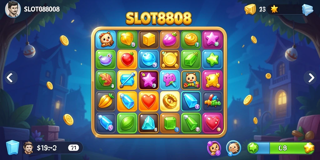 Menampilkan tampilan seru permainan Match-3 di SLOT8808.